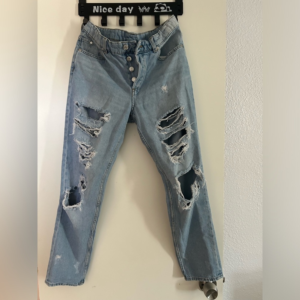 H&M High Rise Distressed Jeans in Light Blue